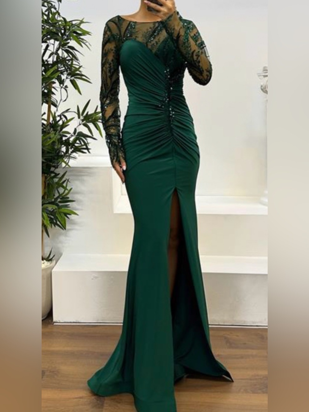 Emerald Green Evening Gown with Sheer Beaded Sleeves